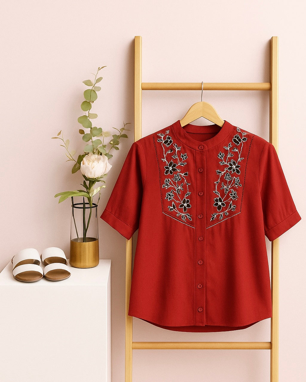 Red Embroidered Short Sleeve Top
