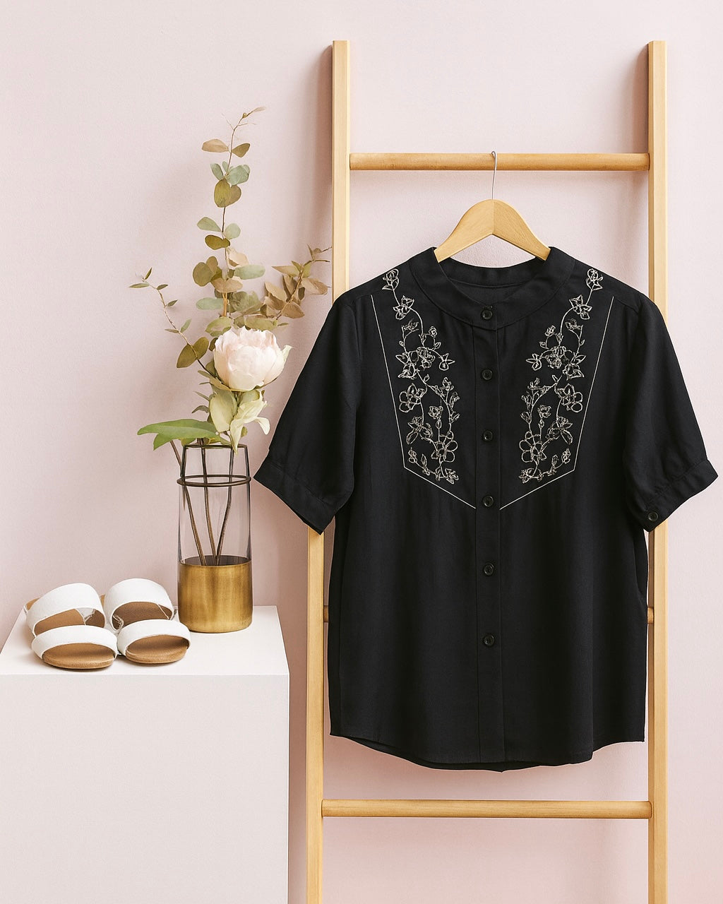 Black Embroidered Short Sleeve Top