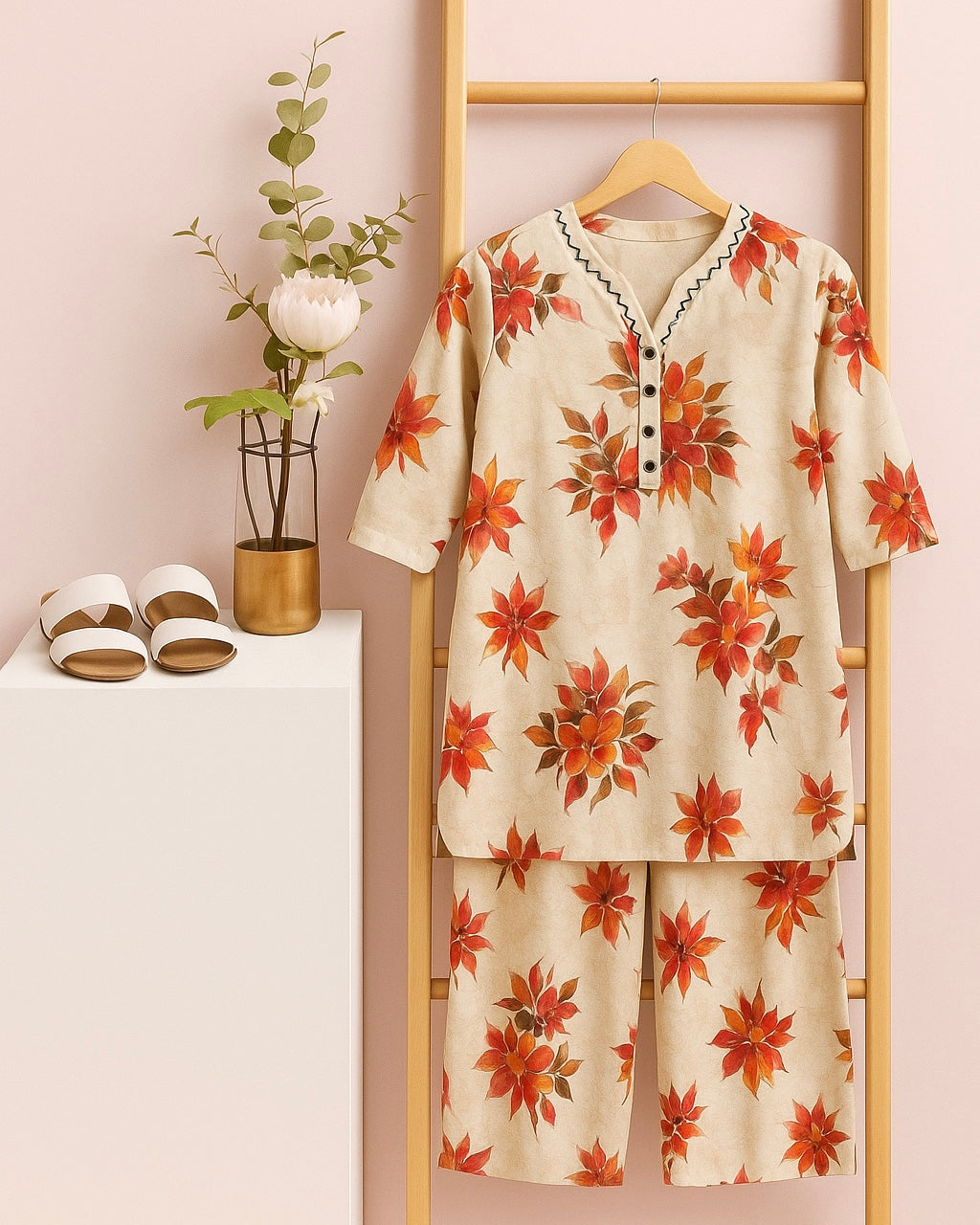 Beige & Orange Floral Printed Women’s Cord Set