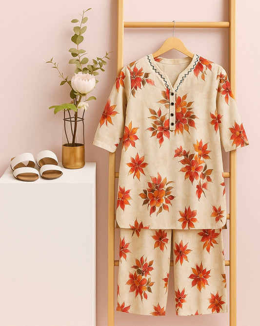 Beige & Orange Floral Printed Women’s Cord Set